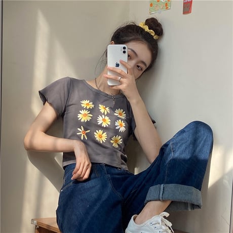 Tシャツ 半袖 袖切りっぱなし ショート丈 フラワー 花 グレー カジュアル レトロ 韓国ファッション レディース 大人可愛い ガーリー DTC-614247121002_gr