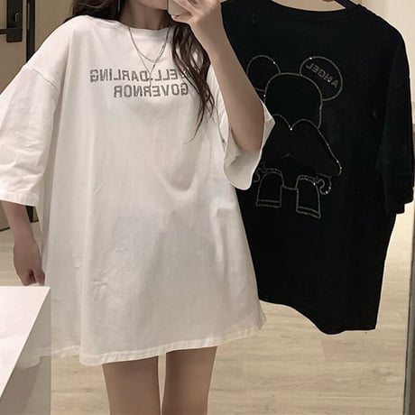 Tシャツ 半袖 スパンコール 羽 エンジェルくまちゃん シンプル ガーリー フェミニン カジュアル 韓国ファッション レディース 韓国ストリートファッション DTC-639357224388