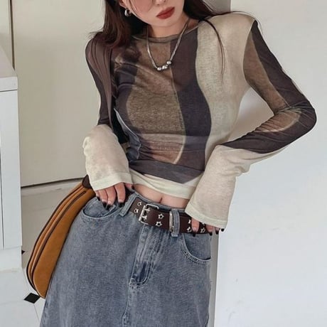 シアートップス 配色 薄手 Uネック シアーtシャツ tシャツ トップス ショート丈 スリムフィット 長袖 レトロ 大人可愛い ガーリー カジュアル DTCA-718107452786