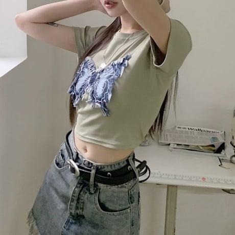 tシャツ バタフライ パッチワーク クロップド丈 ショート丈 スリムフィット トップス スリムトップス へそ出し 半袖 レトロ カジュアル ストリート女子 DTCA-780988742873