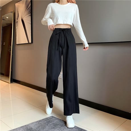 ワイドパンツ ワイドレッグパンツ ウエスト紐 ロング ゆったり ハイウエスト ウエストゴム レトロ 韓国ファッション レディース 大人可愛い ガーリー カジュアル DTC-652781317618