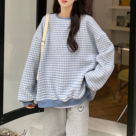 千鳥格子 トレーナー チェック柄 クルーネック ルーズ ゆったり 長袖 レトロ 韓国ファッション 大人可愛い レディース ガーリー カジュアル DTC-660216579948