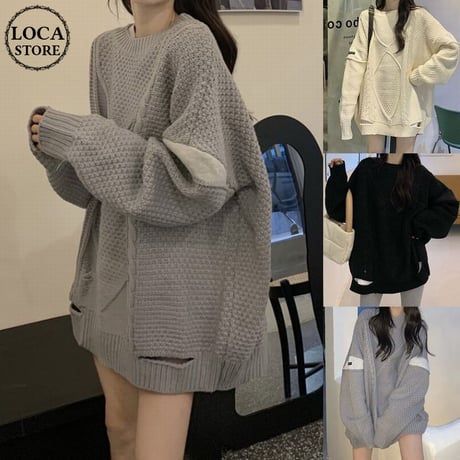 ダメージ加工 ニットセーター ダメージニット ニット ミックス編み ケーブル編み 長袖 レトロ 韓国ファッション レディース 大人可愛い ガーリー カジュアル DTC-665453440583