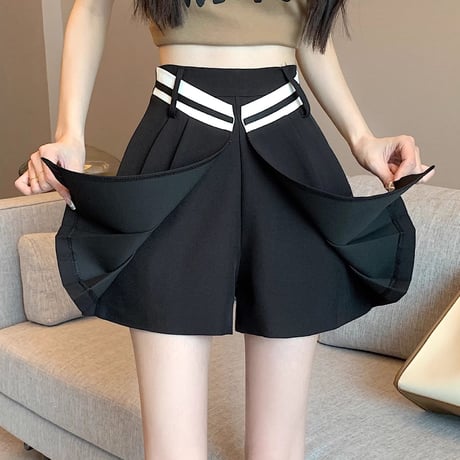 スカート風 ショートパンツ プリーツスカート ラップスカート ミニ丈 ハイウエスト Aライン 不規則デザイン レトロ 大人可愛い ガーリー カジュアル DTCA-850293119354