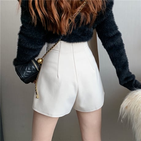 ショートパンツ ハイウエスト ゴールドボタン センタープレス ショーパン レトロ 韓国ファッション レディース 大人可愛い ガーリー DTC-660050274344