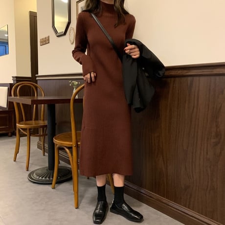 【ワンピース】 ニットワンピース ハイウエスト 長袖 韓国ファッション レディース タートルネック レトロ かわいい ガーリー 627406052202