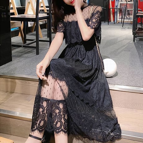 総レース シフォンワンピース ハイウエスト ラウンドネック レースワンピース フェミニン 韓国ファッション レディース 大人可愛い ガーリー DCT-593815603770