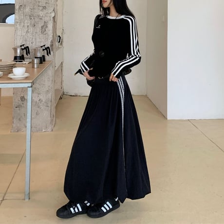 セットアップ サイドライン ロゴ トップス ロングスカート スリムフィット ロンT 長袖 レトロ 韓国ファッション レディース スポーツミックス カジュアル DTC-827098089125