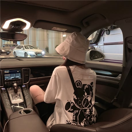 レディース 可愛いクマプリント Tシャツ ラウンドネック ゆったり 半袖 インスタ映え 韓国ファッション ホワイト ピンク (DCT-596629678942)