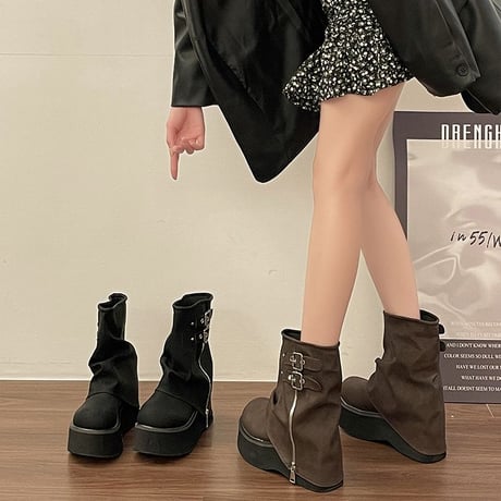 厚底 ショートブーツ 22.5～25.0cm バックル サイドジッパー 厚底ブーツ プラットフォーム ブーツ カジュアル 韓国ファッション レディース DTC-741312023736