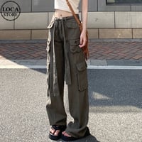 カーゴパンツ ポケット ハイウエスト ウエストストラップ ルーズ 韓国ファッション レディース 大人カジュアル カジュアル 韓国ストリートファッション DTC-678899388122