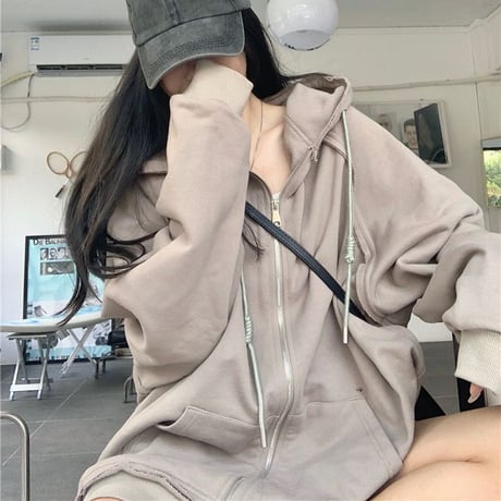ジップアップ パーカー ヴィンテージ加工 トップス ウォッシュ加工 オーバーサイズ ルーズ 長袖 レトロ 韓国ファッション レディース 大人可愛い ガーリー DTC-737888351947