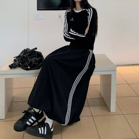セットアップ サイドライン ロゴ トップス ロングスカート スリムフィット ロンT 長袖 レトロ 韓国ファッション レディース スポーツミックス カジュアル DTC-827098089125