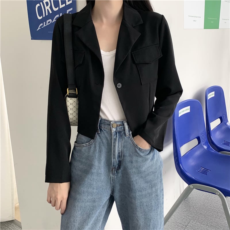 ジャケット レディース ショート ブラック 韓国ファッション ショートジャケット ワンボタン 長袖 ルーズ シンプル 韓国