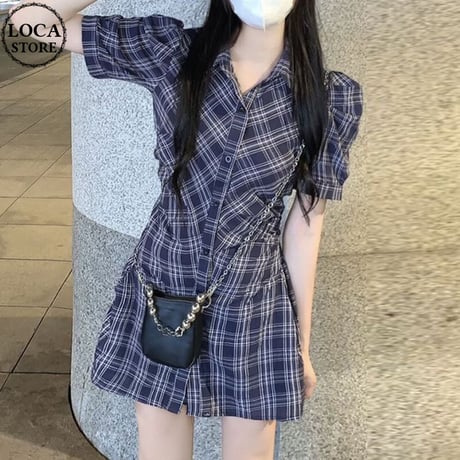 チェック柄 シャツワンピース パフスリーブ ハイウエスト ミニワンピース 半袖 レトロ 韓国ファッション レディース 大人可愛い ガーリー フェミニン DTC-676307425634