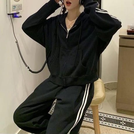 セットアップ 上下セット スウェット サイドライン ジップアップ パーカー パンツ ジャージ ルーズ レトロ 大人可愛い ガーリー カジュアル スポーツミックス DTCA-687375312327