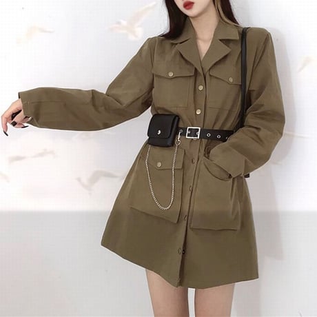 ワンピース ベルト付き ポケットチェーン ジャケット風 韓国ファッション レディース シングルブレスト ハイウエスト ガーリー DTC-624889485862