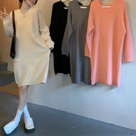 フード付き ニットワンピース ロングワンピース ルーズ ゆったり ルーズウエスト 長袖 レトロ 韓国ファッション レディース 大人可愛い ガーリー DTC-682629628231