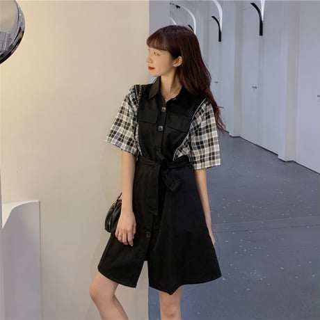 シャツワンピース バイカラー チェック柄 無地 韓国ファッション レディース ワンピース Aライン シングルブレスト ハイウエスト 無地 フレア シンプル ガーリー DTC-619337093068