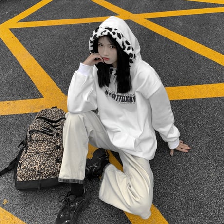 パーカー 裏起毛 牛柄 プルオーバー プラスベルベット 長袖 オーバーサイズ 韓国ファッション レディース  大きめ ルーズ カジュアル ストリートファッションDTC-632722559935)