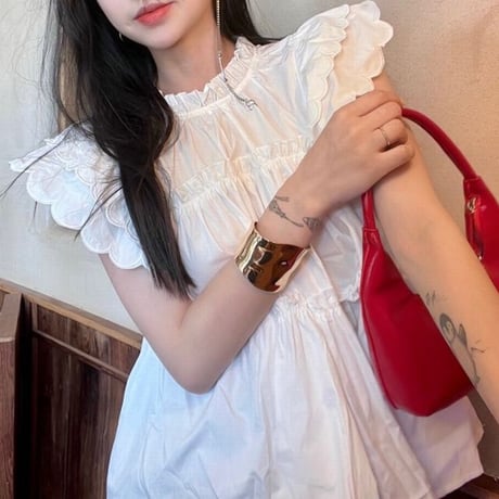 ブラウス フライングスリーブ フリル ルーズ レトロ 韓国ファッション レディース 大人可愛い ガーリー フェミニン DTC-675496939202