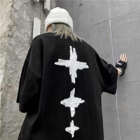 ユニセックス ダメージ加工 Tシャツ ハート クロス 半袖 オーバーサイズ 韓国ストリート系 韓国ファッション メンズ レディース カジュアル ストリートファッション DTC-643334954197