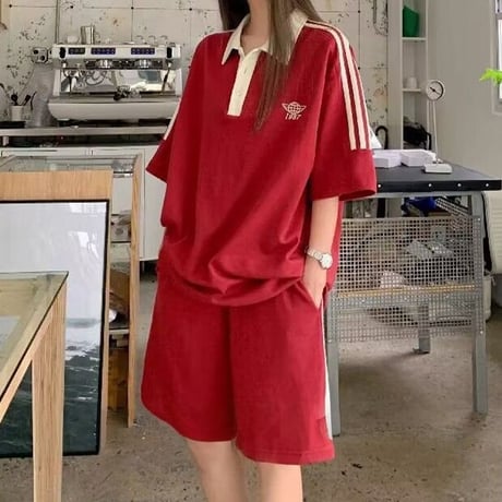 セットアップ 2点セット サイドライン ポロシャツ tシャツ ショートパンツ ロゴ バイカラー オーバーサイズ ポロカラー ルームウェア ルーズ レトロ カジュアル DTCA-903661732553