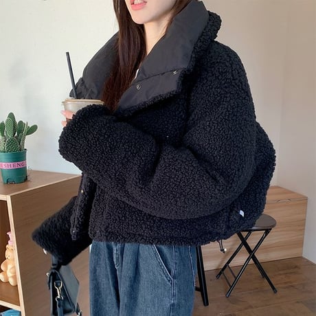 ブラック リバーシブル ブルゾン フェイクラムウール ショート丈 2way ボアブルゾン 防寒 長袖 レトロ 韓国ファッション レディース 大人可愛い ガーリー DTC-752712482016BK