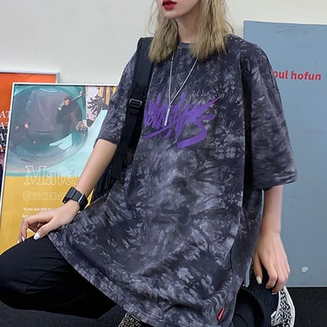 【2カラー】ユニセックス Tシャツ 半袖 タイダイ柄 英字プリント オーバーサイズ カジュアル 韓国ファッション メンズ レディース 韓国ストリートファッション DTC-610296445267