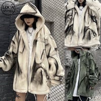 ユニセックス タイダイ柄 フード付き ボアジャケット ラムウール ボアパーカー ジップアップ オーバーサイズ 韓国ファッション メンズ レディース ストリート系 DTC-657933801736