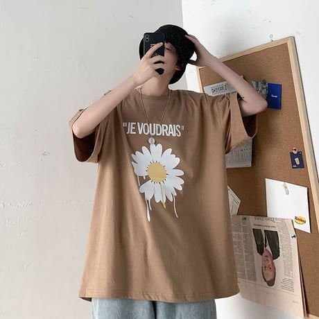 Tシャツ 半袖 メンズ レディース ユニセックス ラウンドネック 英字 フラワー デイジー プリント オーバーサイズ 大きいサイズ ルーズ ストリート TBN-612389429637