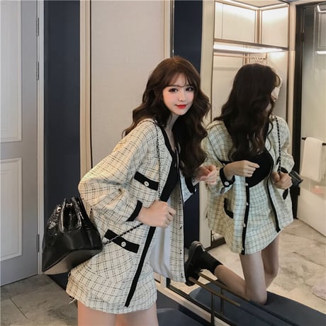 セットアップ チェック柄 カーディガン ジャケット ＋ スカート 上下セット 韓国ファッション レディース 大人可愛い かわいい ガーリー DTC-632531662841