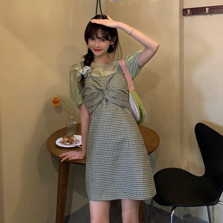 セットアップ トップス ＋ ジャンパースカート チェック柄 韓国ファッション レディース サスペンダー ワンピース DTC-617304780130