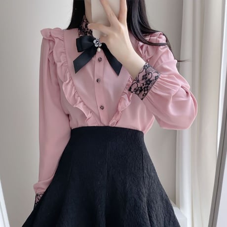 フリルブラウス ブローチ リボン フリル レース ブラウス 長袖 韓国ファッション レディース レトロ 大人可愛い ガーリー フェミニン DTC-654870022966