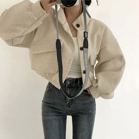 ブルゾン ジャケット アウター ショート丈 ウールタッチ 立ち襟 スタンドカラー ゆったり ルーズ レトロ 大人可愛い ガーリー カジュアル DTCA-747100073929