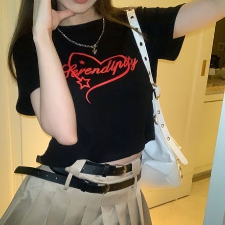 Tシャツ 半袖 クロップド丈 フロントプリント トップス ショート丈 クルーネック レトロ 韓国ファッション レディース 大人可愛い ガーリー カジュアル DTC-715352024731