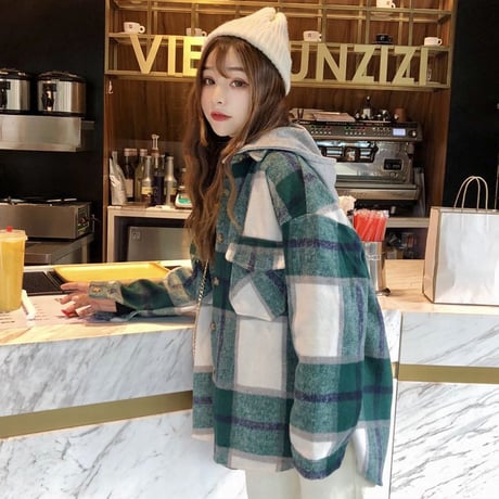 パーカー ネルシャツ 韓国ファッション レディース チェック柄 レイヤード 重ね着風 フード脱着 厚手 アウター 秋冬 カジュアル (DTC-601523687618)