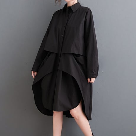 シャツワンピース ロングシャツ シャツ ワンピース アシンメトリー 不規則デザイン ルーズ 長袖 レトロ 韓国ファッション レディース 大人可愛い ガーリー DTC-634484580166