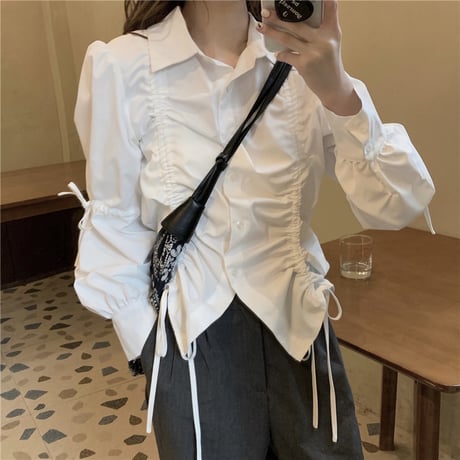 シャツ ブラウス 絞りデザイン ドローコード パフスリーブ 長袖 レトロ 韓国ファッション レディース 大人可愛い ガーリー DTC-640468829657