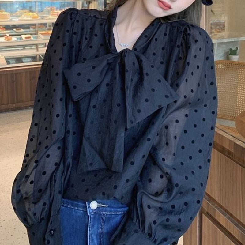 ネイビードット柄リボン付き長袖ブラウス ANY ネイビー ドット柄 リボン付きブラウス - メルカリ