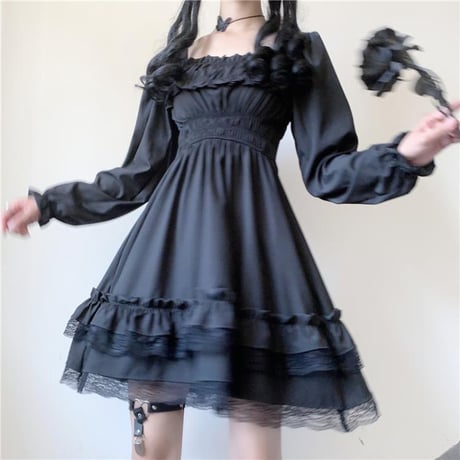 ティアードワンピース フリル スクエアネック Aライン ハイウエスト プリーツ フレア レース ミニワンピース 長袖 レトロ ガーリー ゴシック ロリータ DTCA-652425232365
