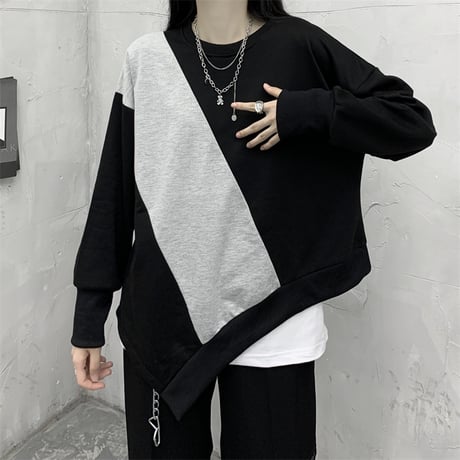 不規則デザイン トレーナー バイカラー プルオーバー 長袖 韓国ファッション レディース 大人可愛い ガーリー カジュアル ストリートファッション DTC-653546613861