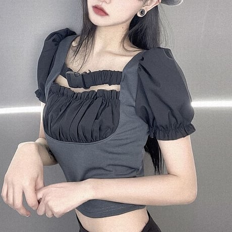 Tシャツ クロップド丈 へそ出し パフスリーブ スリムフィット 半袖Tシャツ 半袖 ショート丈 韓国ファッション レディース 大人可愛い ガーリー カジュアル DTC-675249391772