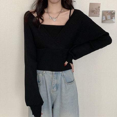 リブニット フェイクレイヤード ルーズ 長袖 セーター 韓国ファッション レディース ニット ゆったり 大人可愛い ガーリー DTC-653558986383