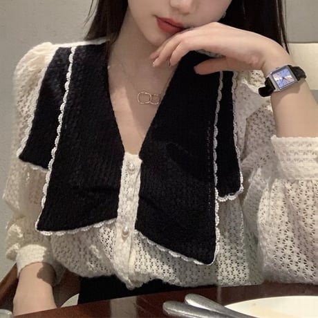 レースブラウス 大きい襟 配色 長袖 ブラウス レース ルーズ レトロ 韓国ファッション レディース 大人可愛い ガーリー フェミニン DTC-664823114520