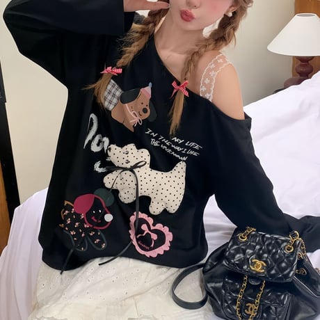トップス ロンT レース肩紐 ワンショルダー オフショルダー わんちゃん リボン tシャツ 肩出し オーバーサイズ ゆったり 長袖 レトロ 大人可愛い ガーリー DTCA-838606400944