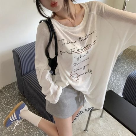 シアートップス ロンT ロゴプリント オーバーサイズ  ゆったり トップス tシャツ 冷房対策 紫外線対策 長袖 レトロ 大人可愛い ガーリー カジュアル DTCA-870596164404