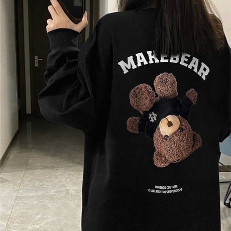 ユニセックス クマちゃん バックプリント スウェット トレーナー 裏起毛 オーバーサイズ カジュアル 韓国ファッション メンズ レディース ストリート系ファッション DTC-738776958973