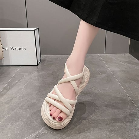 厚底サンダル クロスストラップ 22.0～24.5cm アンクルストラップ サンダル オープントゥ プラットフォーム 厚底 美脚効果 韓国ファッション レディース DTCA-771656476930