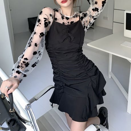 セットアップ 花柄 レーストップス キャミワンピース ギャザー ローズメッシュ ハイウエスト レトロ 韓国ファッション レディース 長袖 大人可愛い ガーリー DTC-673121230053